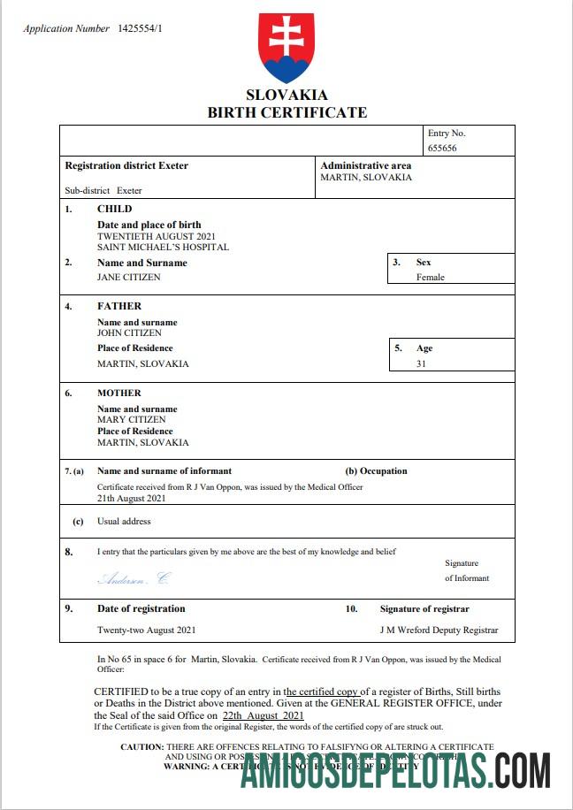 Realista modelo Word e PDF de certidão de nascimento da Eslováquia